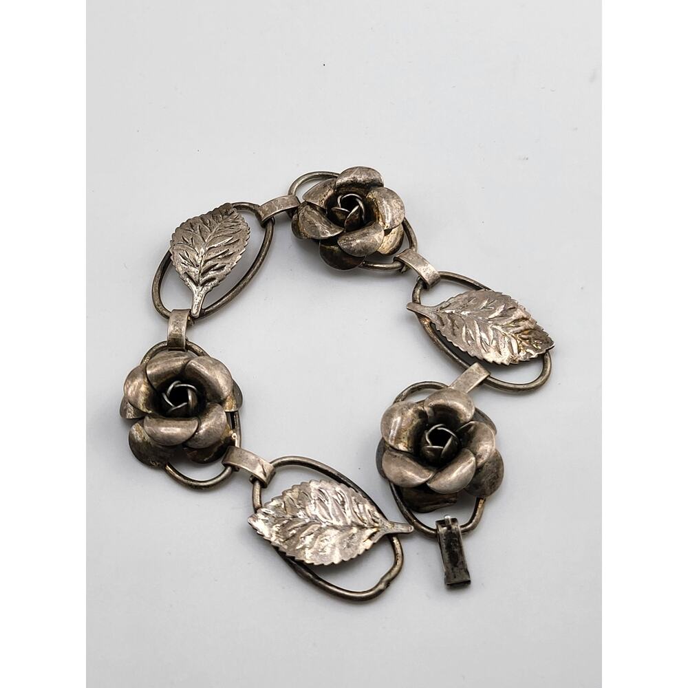 Vintage Lang Sterling Silver Marked Rose Leaf Link Bracelet Mid Century 20.5g
